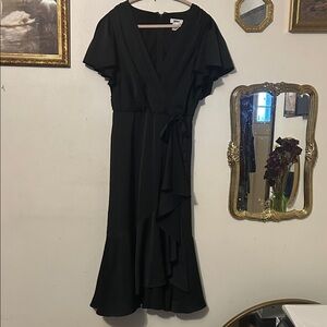 DKNY Black satin Wrap Dress with waterfall hem
